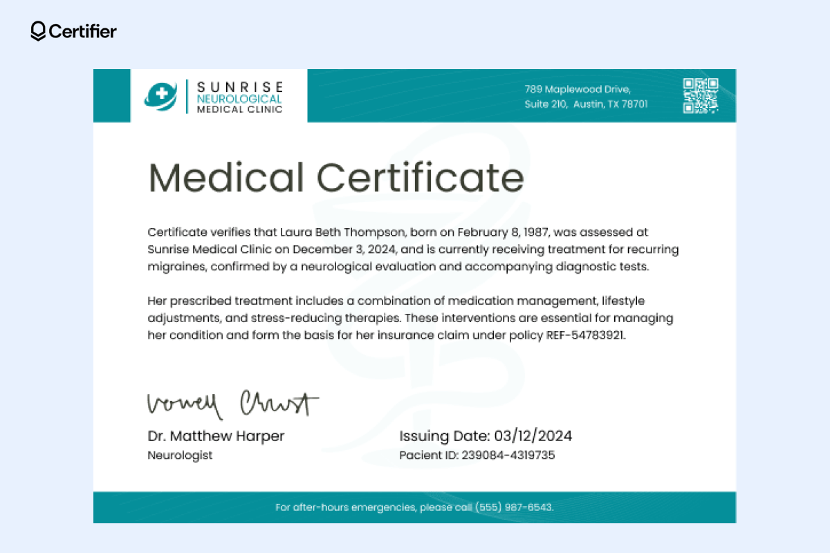A teal and white medical certificate documenting treatment for migraines, suitable for medical certificate templates online free. A teal and white medical certificate documenting treatment for migraines, suitable for medical certificate templates online free.