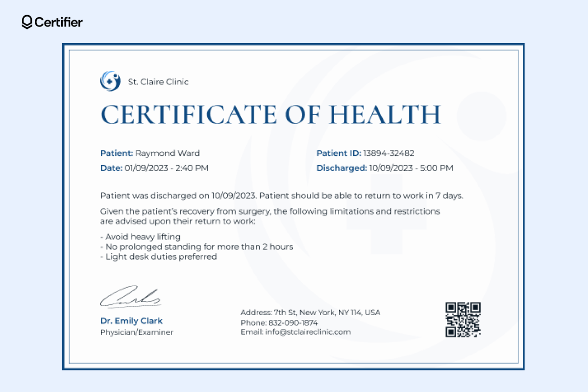 A certificate of health outlining work restrictions after a patient's surgery with a QR code and a dedicated space for signature, suitable for a template for a medical certificate. A certificate of health outlining work restrictions after a patient's surgery with a QR code and a dedicated space for signature, suitable for a template for a medical certificate.