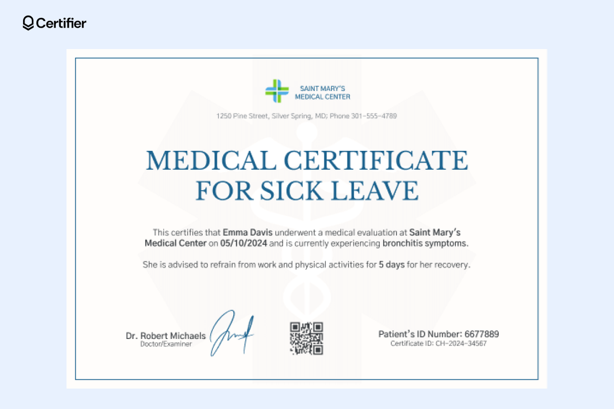 A blue and white medical certificate for sick leave detailing bronchitis treatment, great for a template for medical certificate. A blue and white medical certificate for sick leave detailing bronchitis treatment, great for a template for medical certificate.
