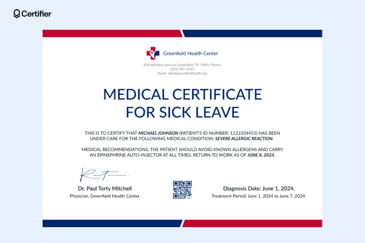 A medical certificate templates online free for sick leave recommending a patient avoid allergens, with a QR code and a dedicated space for a logo at the top. A medical certificate templates online free for sick leave recommending a patient avoid allergens, with a QR code and a dedicated space for a logo at the top.