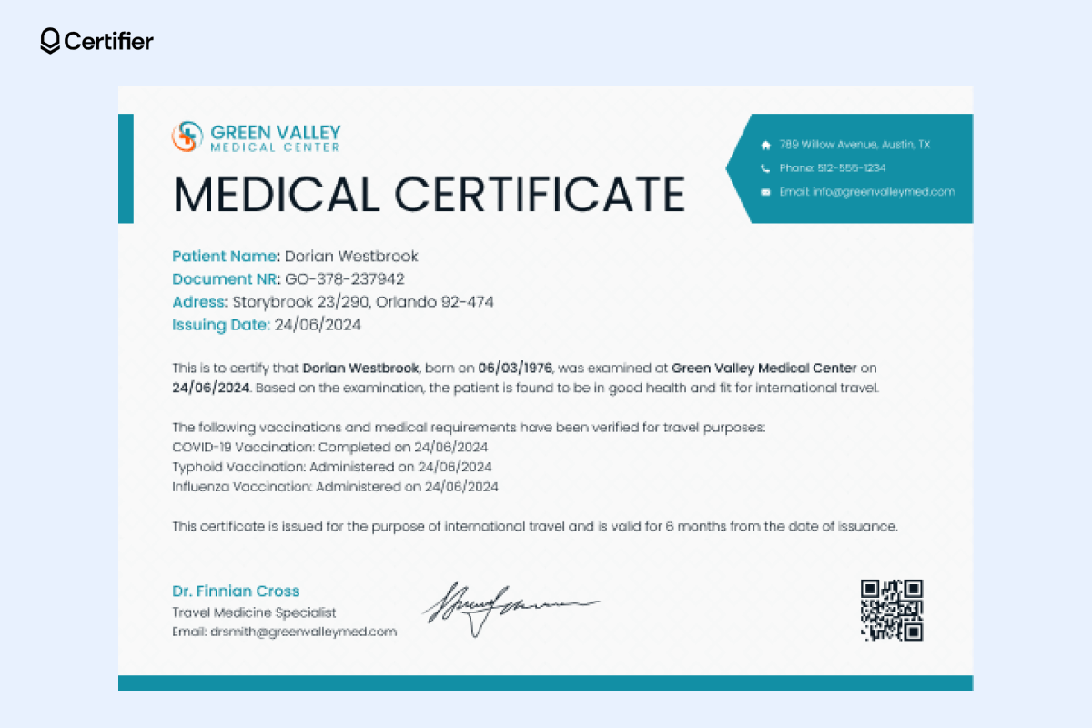 A medical certificate with teal accents confirming vaccinations for travel, making it ideal choice for an online medical certificate template. A medical certificate with teal accents confirming vaccinations for travel, making it ideal choice for an online medical certificate template.