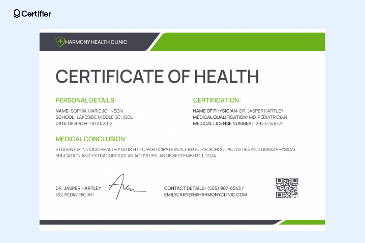 A certificate of health confirming a student's good health for participation in school activities, perfect as a medical certificate template. A certificate of health confirming a student's good health for participation in school activities, perfect as a medical certificate template.