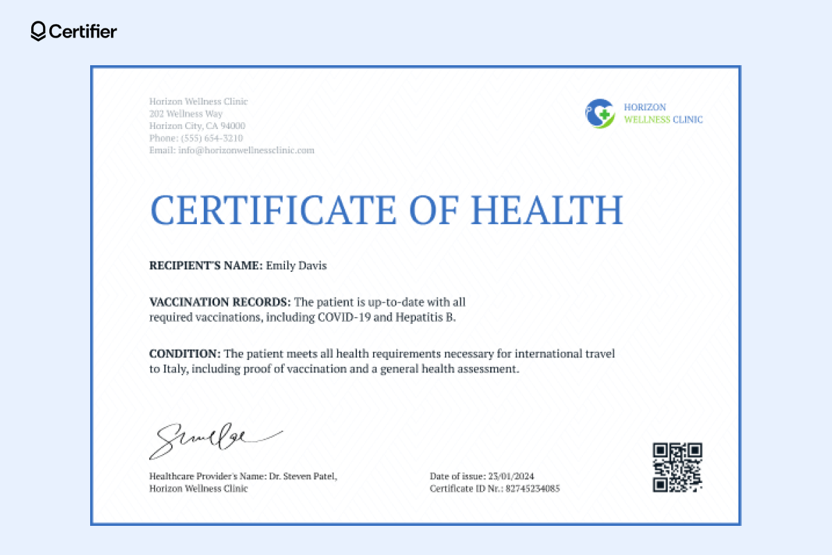 A certificate of health confirming vaccination compliance for travel, suitable for a free medical certificate template. A certificate of health confirming vaccination compliance for travel, suitable for a free medical certificate template.