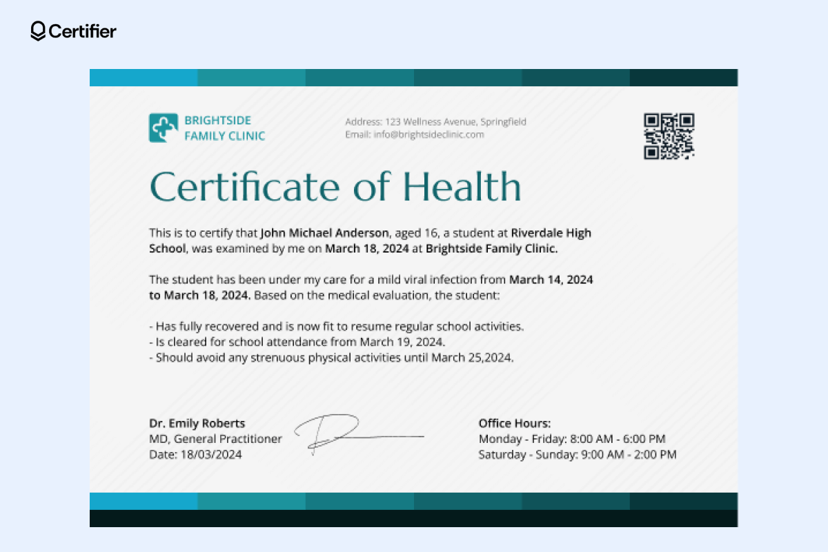 A certificate of health clearing a student to return to school after illness, perfect for medical certificate templates free. A certificate of health clearing a student to return to school after illness, perfect for medical certificate templates free.