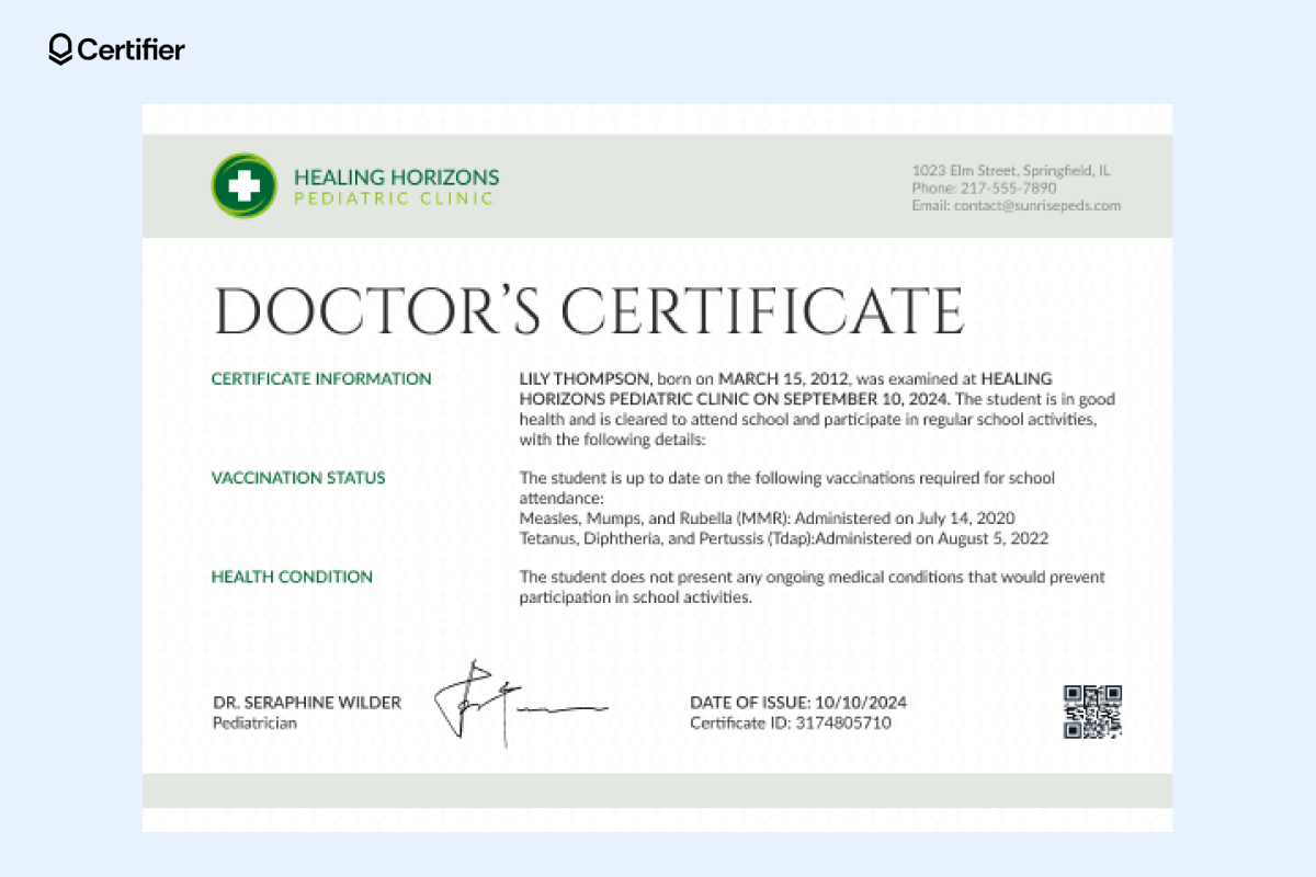 A green and white doctor's certificate confirming a student’s health and vaccinations, perfect for a medical certificate template download. A green and white doctor's certificate confirming a student’s health and vaccinations, perfect for a medical certificate template download.