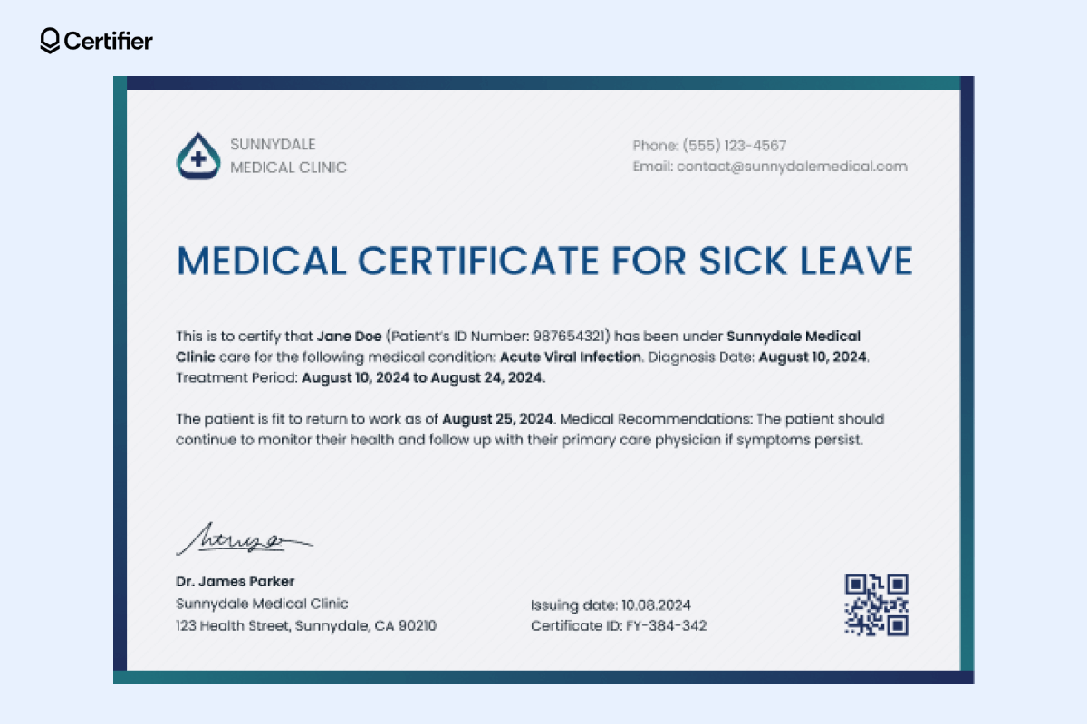 A blue and white medical certificate template free download with a QR code at the bottom left, documenting recovery from a viral infection. A blue and white medical certificate template free download with a QR code at the bottom left, documenting recovery from a viral infection.