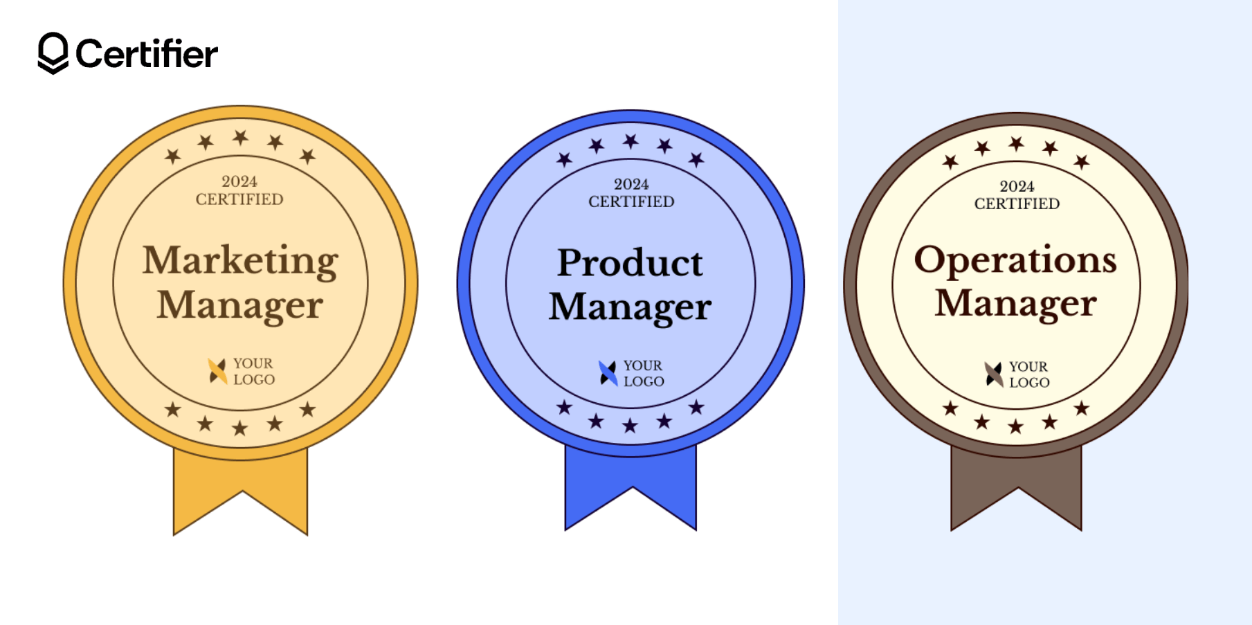 Linked In badges in three colors in a round shape, a place for a logo, title, and year; each has a clean and minimalistic design. Linked In badges in three colors in a round shape, a place for a logo, title, and year; each has a clean and minimalistic design.