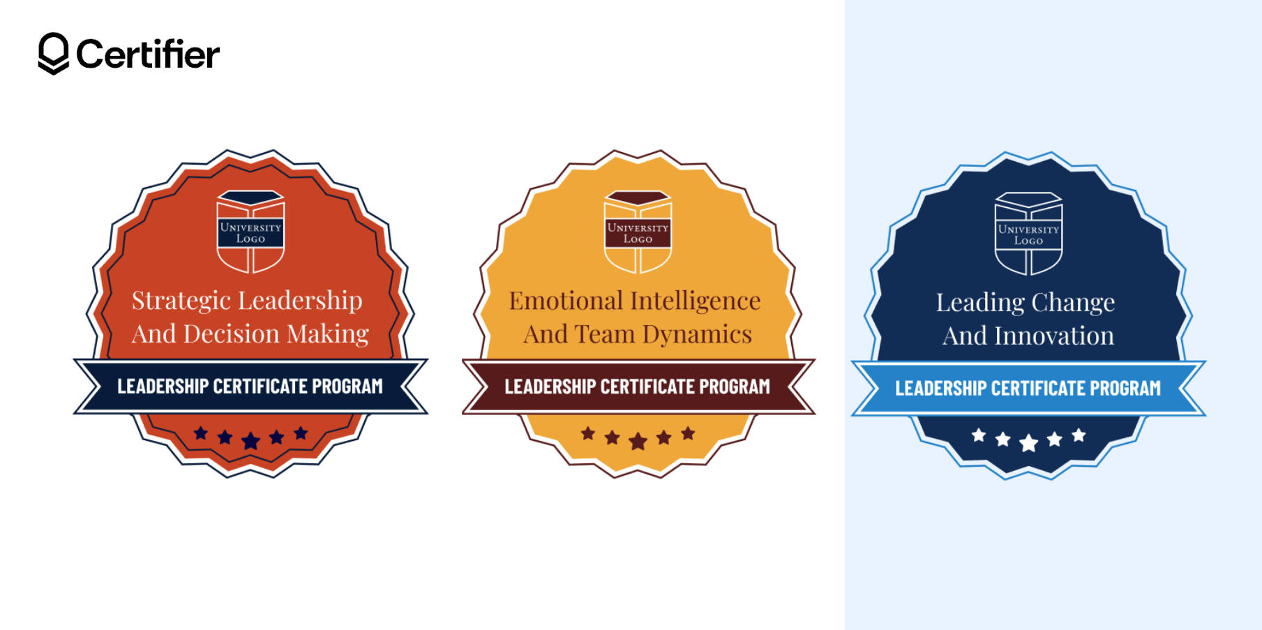 Three LinkedIn learning digital badges in irregular shapes from Certifier featuring different colors. Three LinkedIn learning digital badges in irregular shapes from Certifier featuring different colors.