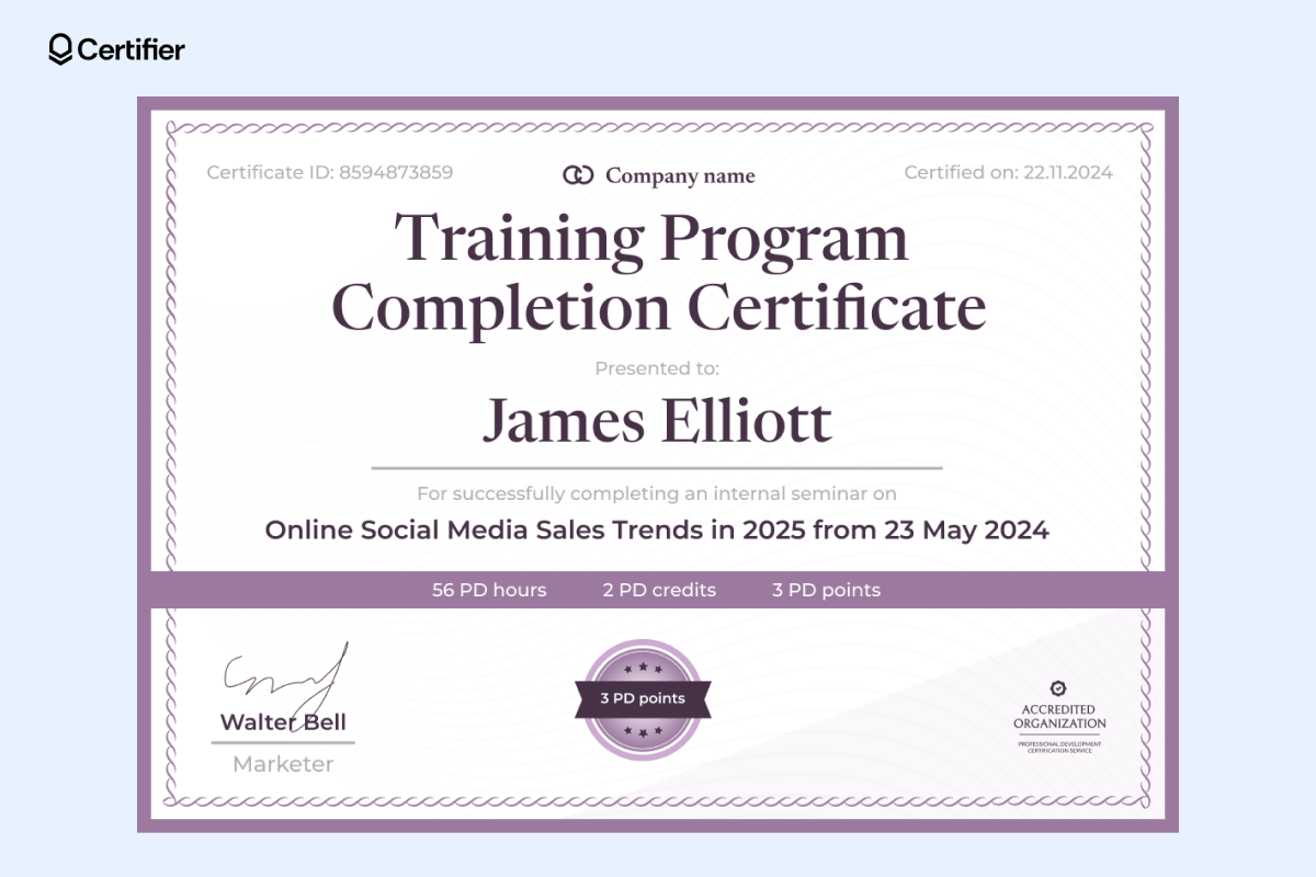 A professional development certificate template showcasing completion of a training program, ideal for marking achievements in social media sales trends seminars, with dedicated space for PD hours, credits, and points. A professional development certificate template showcasing completion of a training program, ideal for marking achievements in social media sales trends seminars, with dedicated space for PD hours, credits, and points.