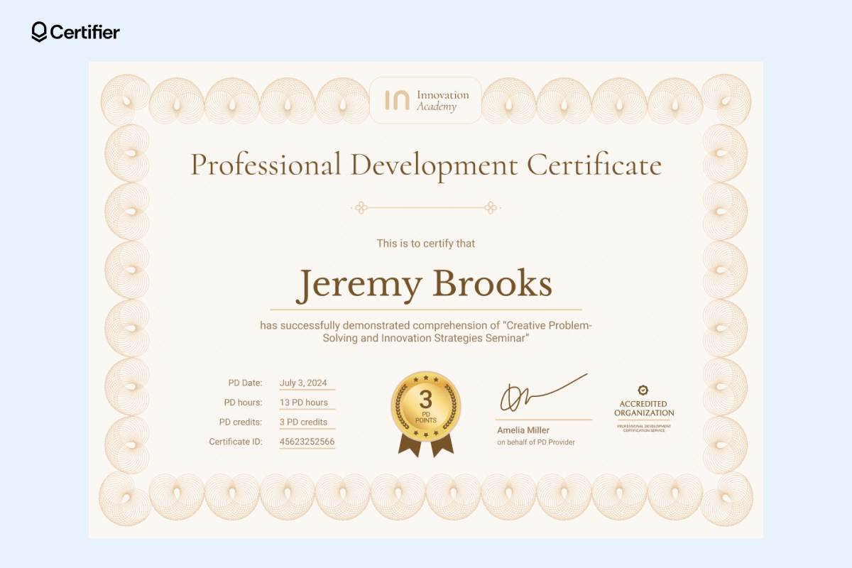 A professional development certificate of completion template for creative problem-solving seminars, featuring elegant yellow border design and gold badge at the center. A professional development certificate of completion template for creative problem-solving seminars, featuring elegant yellow border design and gold badge at the center.