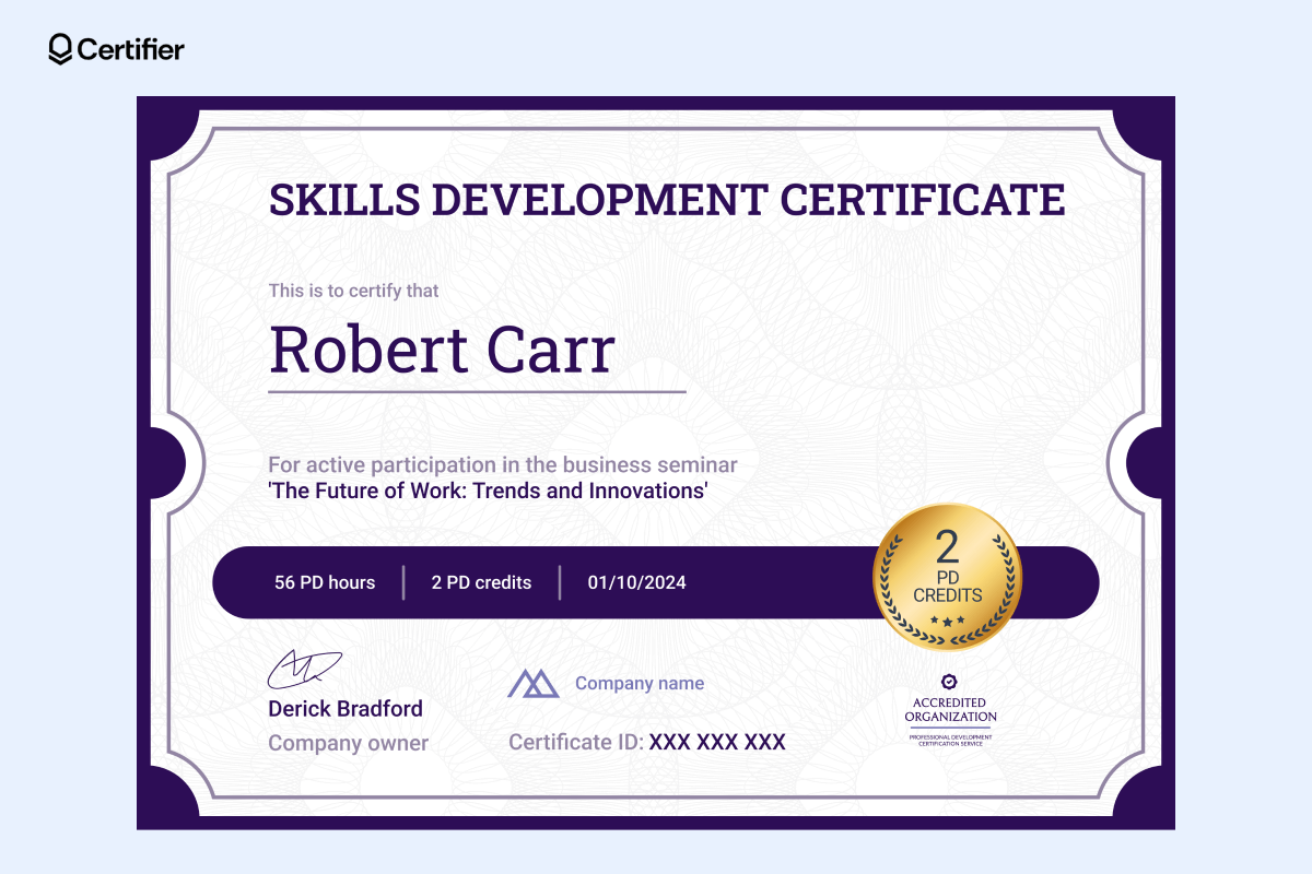 A skills development teacher professional development certificate template with customizable fields for training hours and credits. A skills development teacher professional development certificate template with customizable fields for training hours and credits.