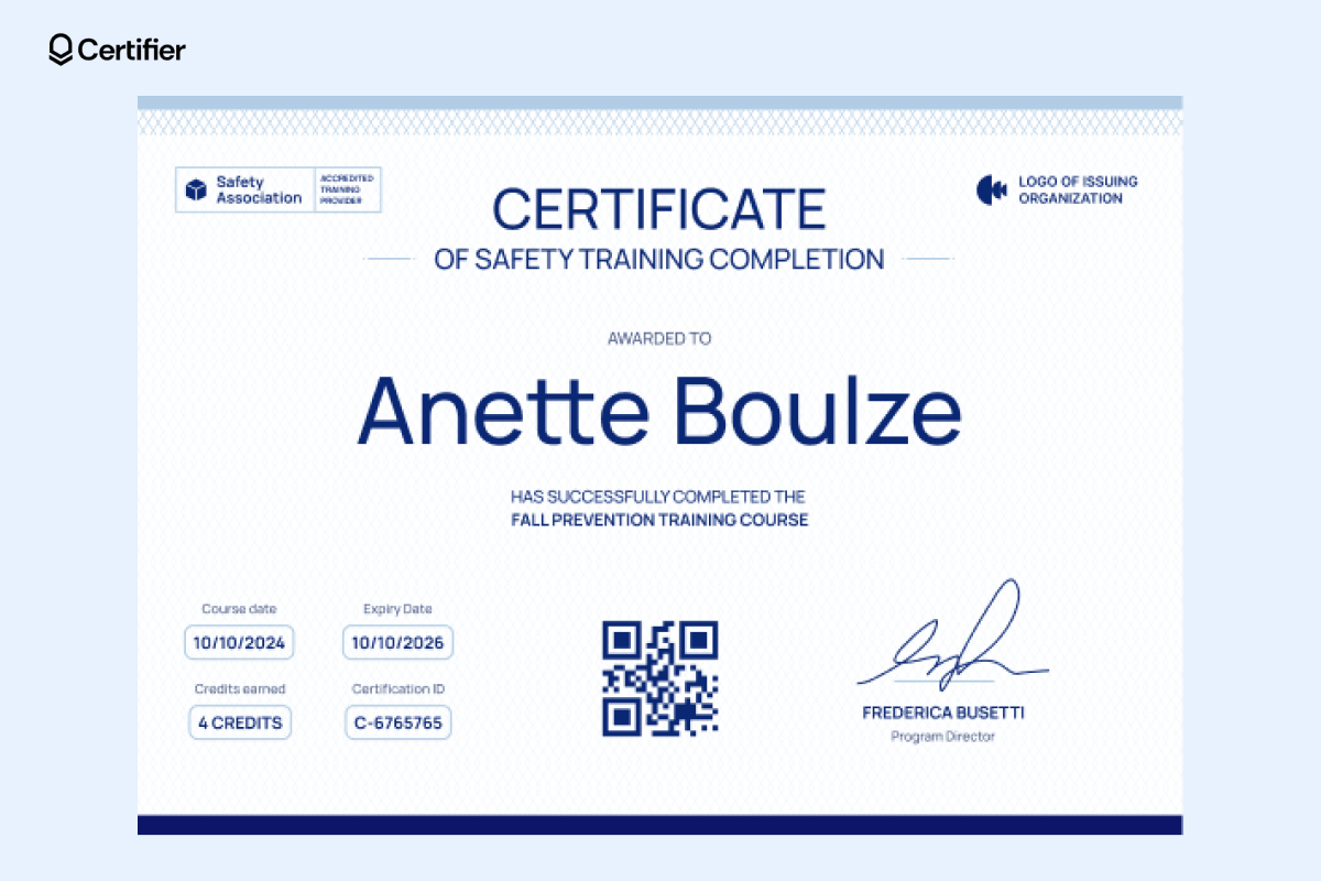 A modern safety training certificate template featuring blue and white design elements with bold headers, a patterned background, and a QR code. A modern safety training certificate template featuring blue and white design elements with bold headers, a patterned background, and a QR code.