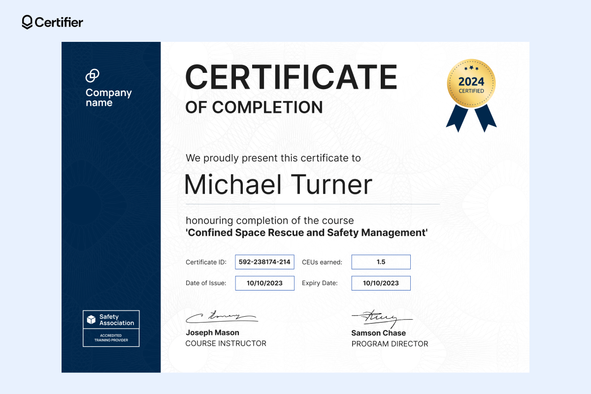 A safety training certificate template free, showcasing a two-toned design with a blue side panel, bold main text, and a prominent certificate ID section. A safety training certificate template free, showcasing a two-toned design with a blue side panel, bold main text, and a prominent certificate ID section.