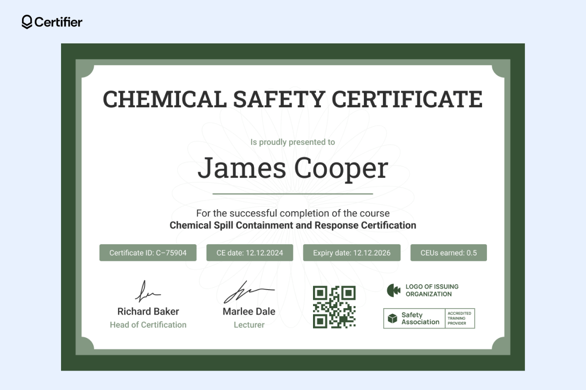 A safety certificate template with a green border, light background patterns, and clear certification details with multiple signature fields. A safety certificate template with a green border, light background patterns, and clear certification details with multiple signature fields.
