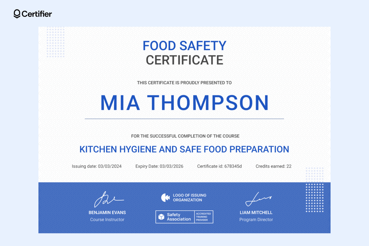 A sleek safety award certificate format with blue accent lines and a detailed footer section for instructor and director signatures. A sleek safety award certificate format with blue accent lines and a detailed footer section for instructor and director signatures.