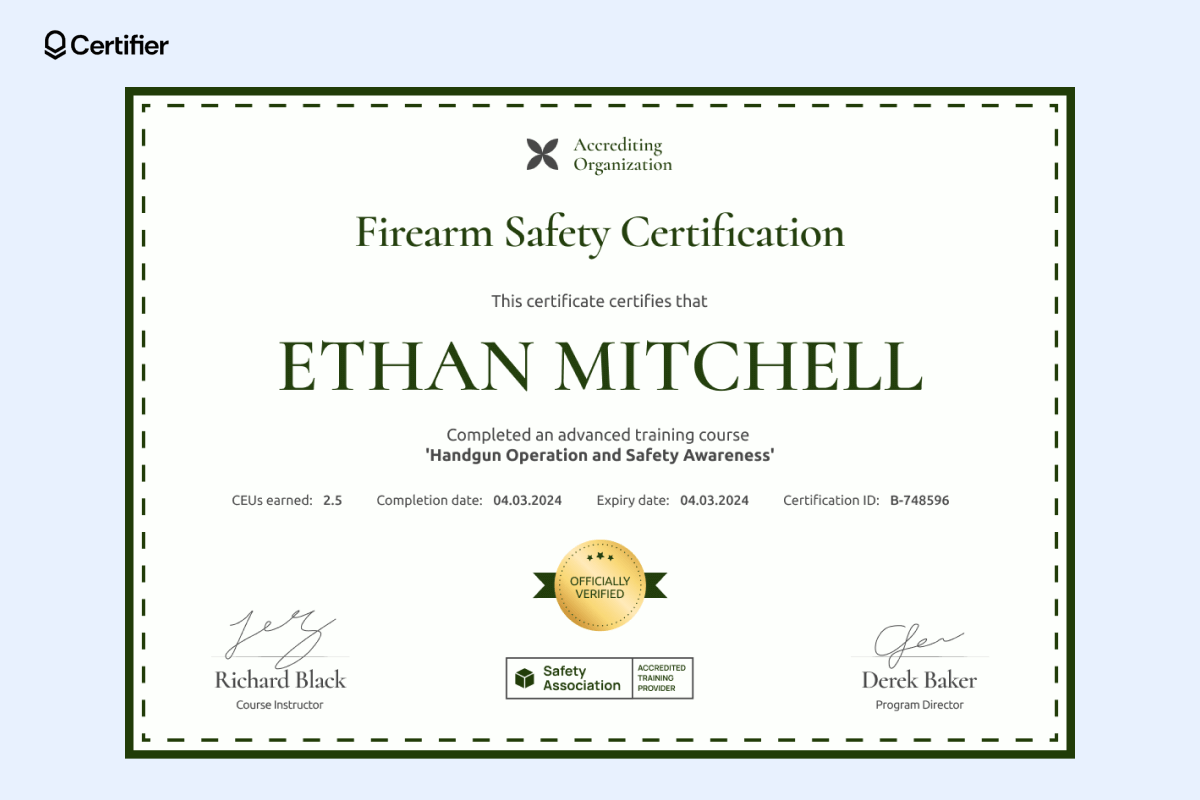 A professional fire safety training certificate template with a structured layout, green decorative border, and verification seal in the center. A professional fire safety training certificate template with a structured layout, green decorative border, and verification seal in the center.