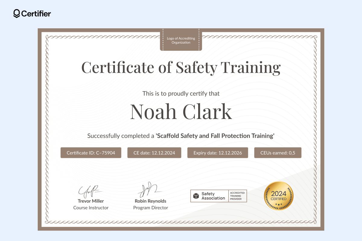 A formal safety training certificate format with a brown border, intricate curved corner designs, and a centered badge at the top. A formal safety training certificate format with a brown border, intricate curved corner designs, and a centered badge at the top.