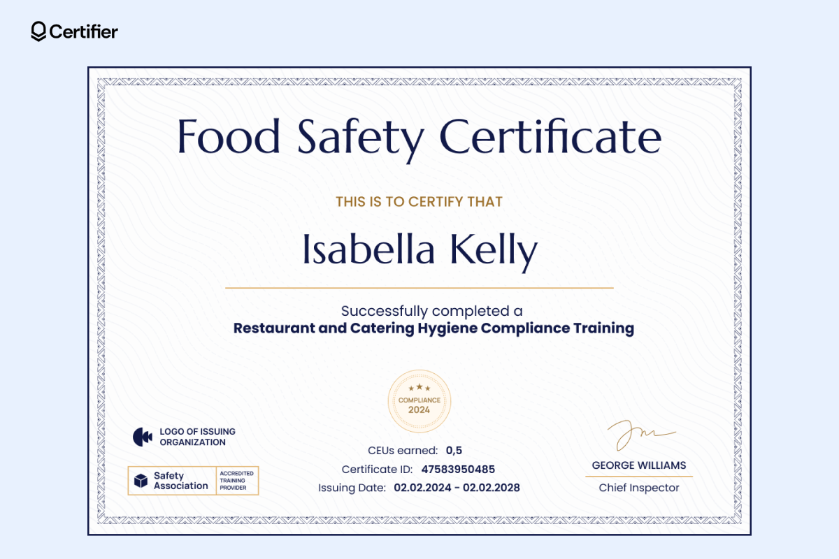 A sophisticated safety certificate template with an elegant patterned border, dark blue text, and a certification badge at the center bottom. A sophisticated safety certificate template with an elegant patterned border, dark blue text, and a certification badge at the center bottom.