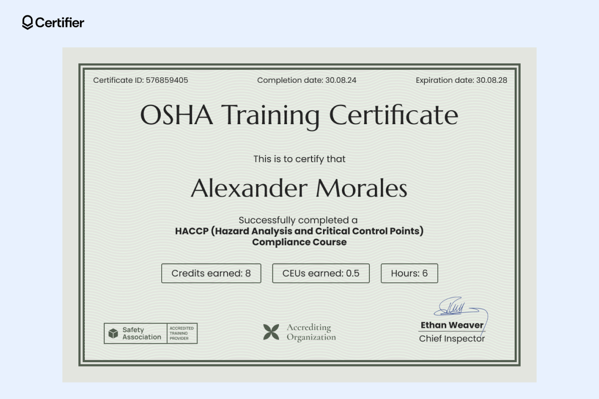 An OSHA safety training certificate sample with a subtle wave pattern background and dual-toned border detailing. An OSHA safety training certificate sample with a subtle wave pattern background and dual-toned border detailing.