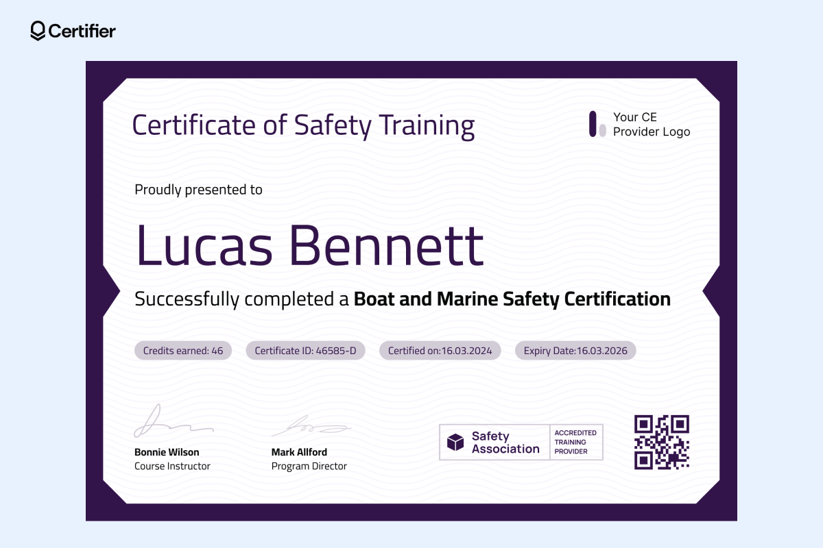 A sleek safety training certificate template featuring deep purple accents, angular border designs, and a clean center layout for key details. A sleek safety training certificate template featuring deep purple accents, angular border designs, and a clean center layout for key details.