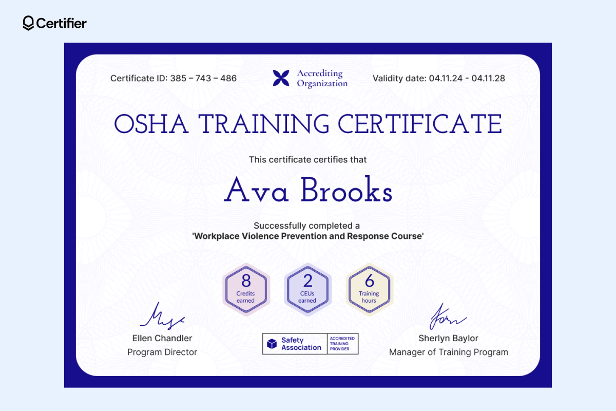 A detailed OSHA safety training certificate sample featuring a blue background border, hexagonal icons for training metrics, and a large, bold certificate title. A detailed OSHA safety training certificate sample featuring a blue background border, hexagonal icons for training metrics, and a large, bold certificate title.