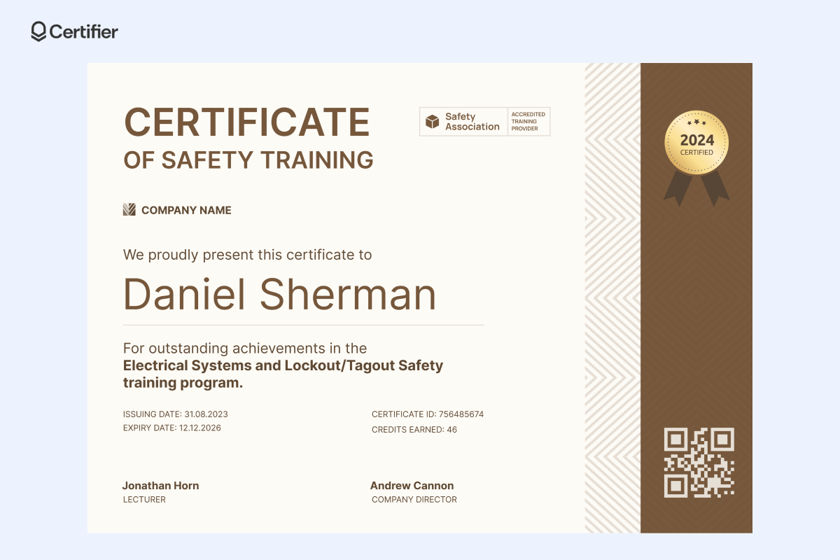 A clean safety certification template showcasing a brown accent side bar, QR code, and an embossed golden emblem signifying certification status. A clean safety certification template showcasing a brown accent side bar, QR code, and an embossed golden emblem signifying certification status.