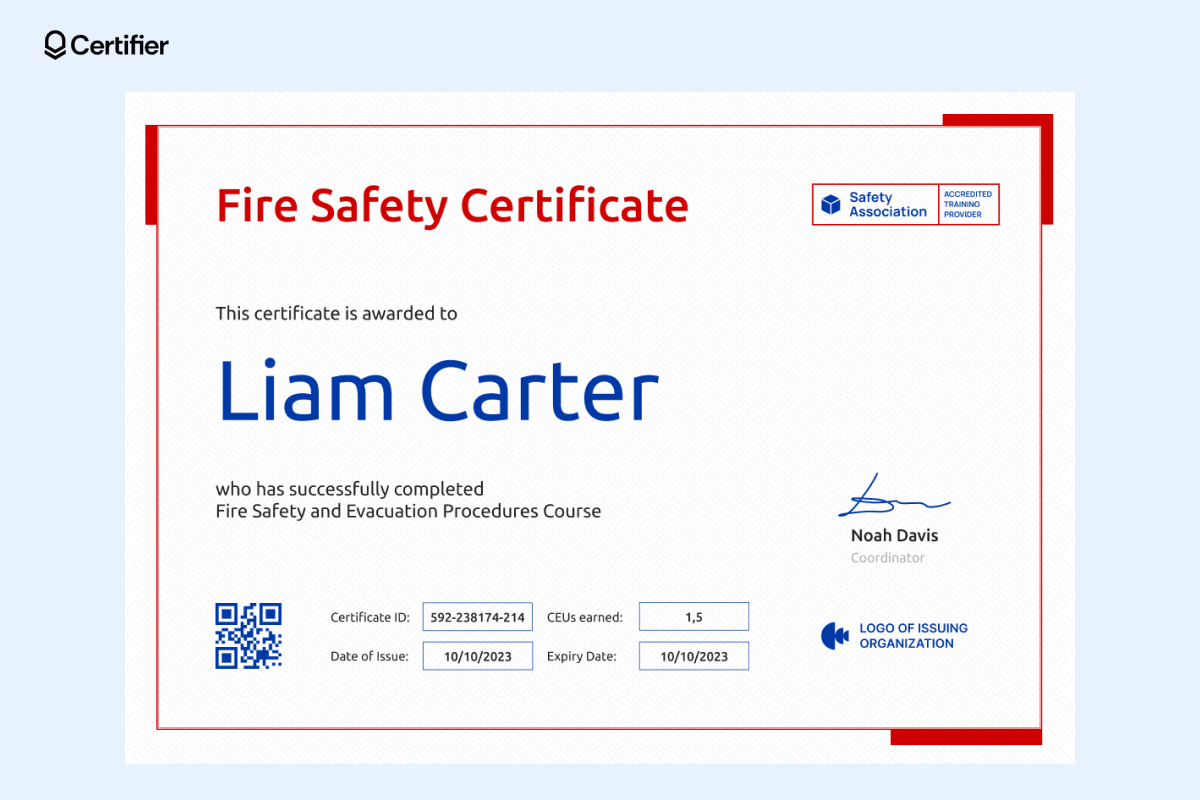 A fire safety training certificate template designed with red and blue highlights, a simple layout, and a verification QR code for authenticity. A fire safety training certificate template designed with red and blue highlights, a simple layout, and a verification QR code for authenticity.