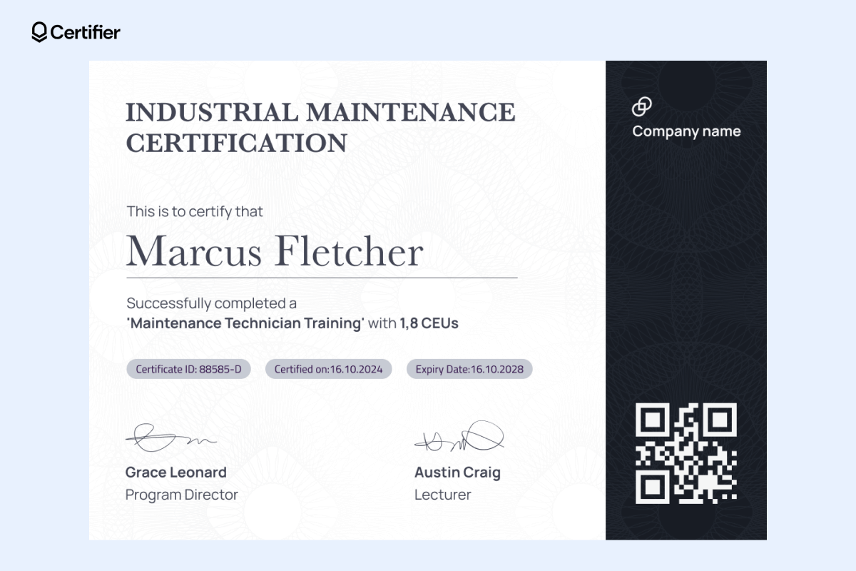 A safety training certificate template free showcasing a dark side panel, an industrial theme with a watermark background, and a QR code for verification. A safety training certificate template free showcasing a dark side panel, an industrial theme with a watermark background, and a QR code for verification.