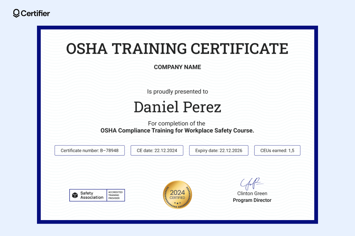 A polished safety certificate template with a thin blue border, simple wave-textured background, and space for a program director's signature. A polished safety certificate template with a thin blue border, simple wave-textured background, and space for a program director's signature.