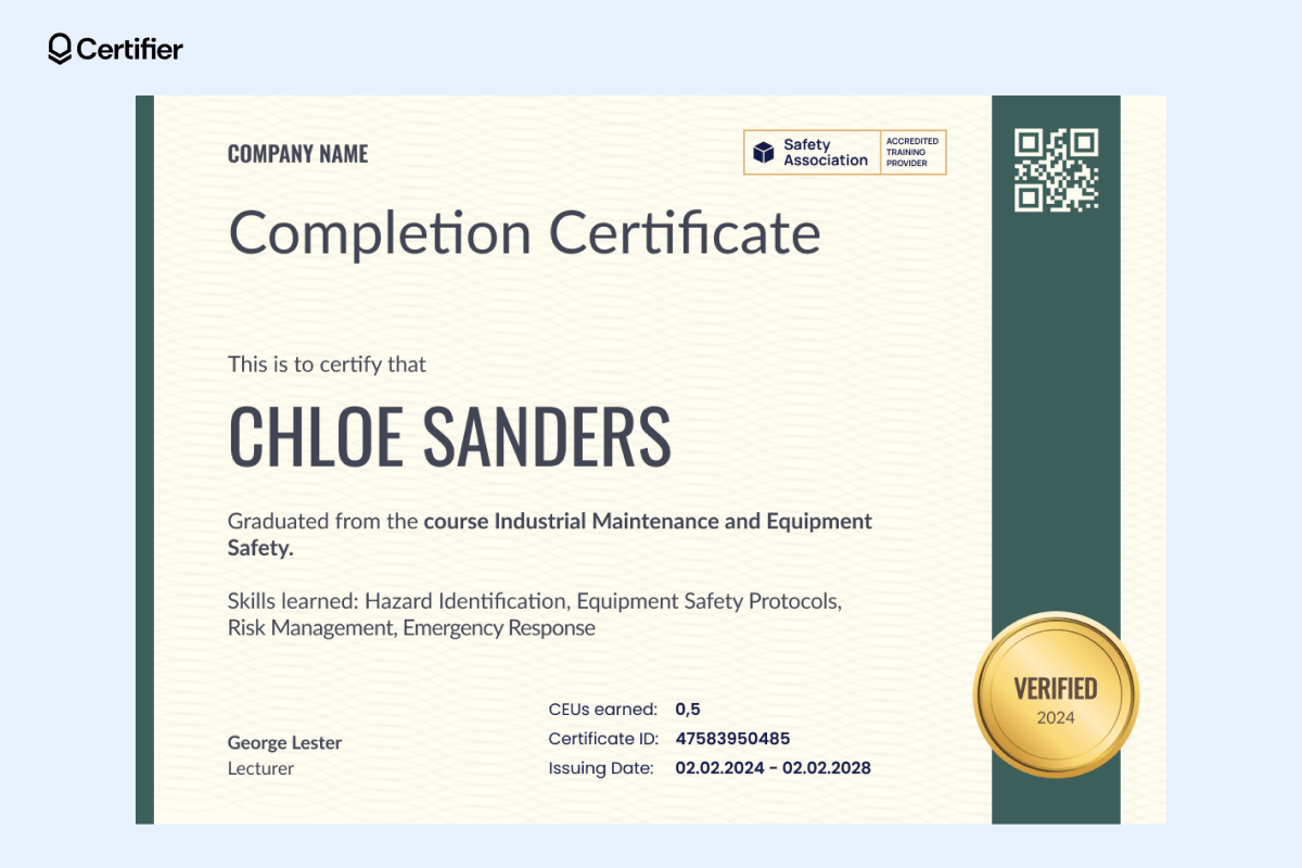 A contemporary safety award certificate format with beige and green elements, a bold golden badge, and a summary of completed course skills. A contemporary safety award certificate format with beige and green elements, a bold golden badge, and a summary of completed course skills.