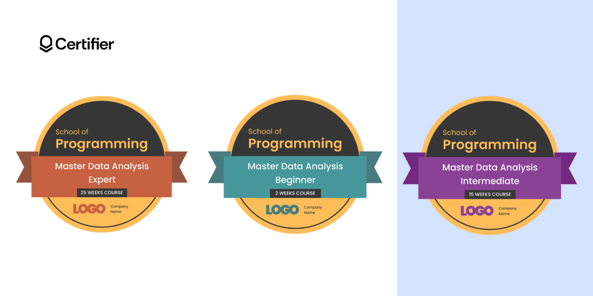 Digital badges examples with a circular shape, and colorful ribbons in three color combinations. Digital badges examples with a circular shape, and colorful ribbons in three color combinations.