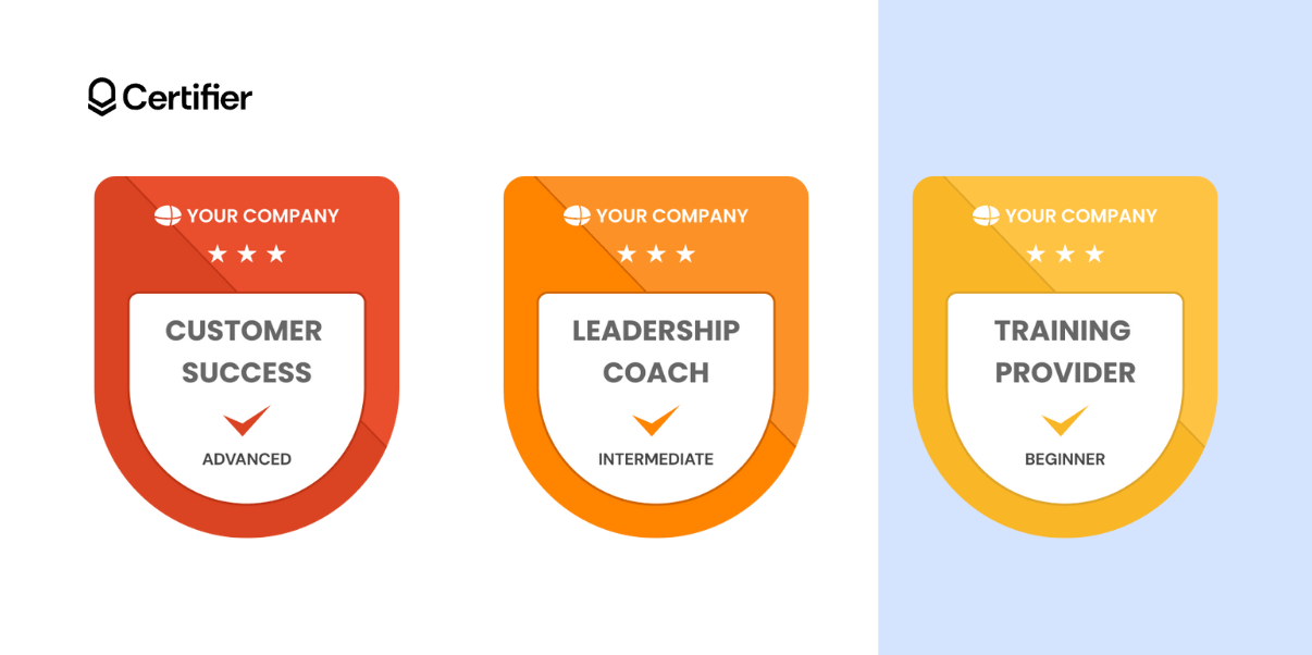 Certifier’s digital badges examples in a shield-like shape available in three colors with a place for a badge image and your logo. Certifier’s digital badges examples in a shield-like shape available in three colors with a place for a badge image and your logo.