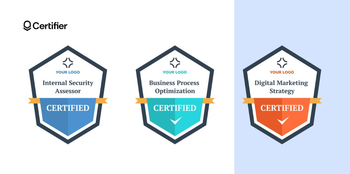 Shield-like examples of digital badges in blue, and red; all include a place for a message and your logo. Shield-like examples of digital badges in blue, and red; all include a place for a message and your logo.