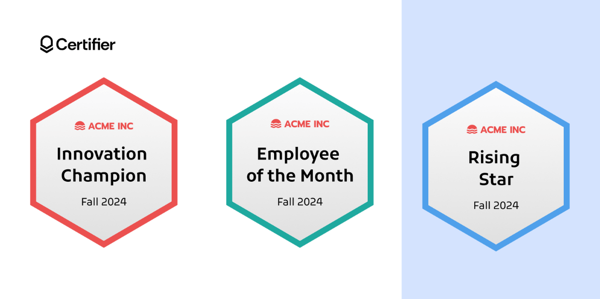 One of the examples of digital badges in a hexagonal shape, with a simple design; this badge sample had a one-colored frame and gray background. One of the examples of digital badges in a hexagonal shape, with a simple design; this badge sample had a one-colored frame and gray background.