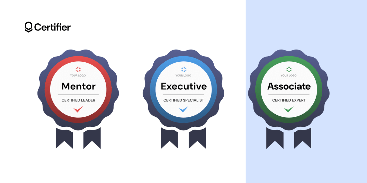 Badge sample design with ribbon style; this badge design template is available in blue, green, and red. Badge sample design with ribbon style; this badge design template is available in blue, green, and red.