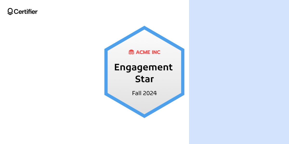 A hexagonal badge in blue labeled A hexagonal badge in blue labeled