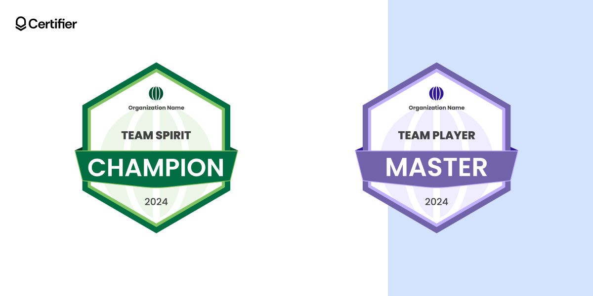 A pair of hexagonal badges labeled A pair of hexagonal badges labeled