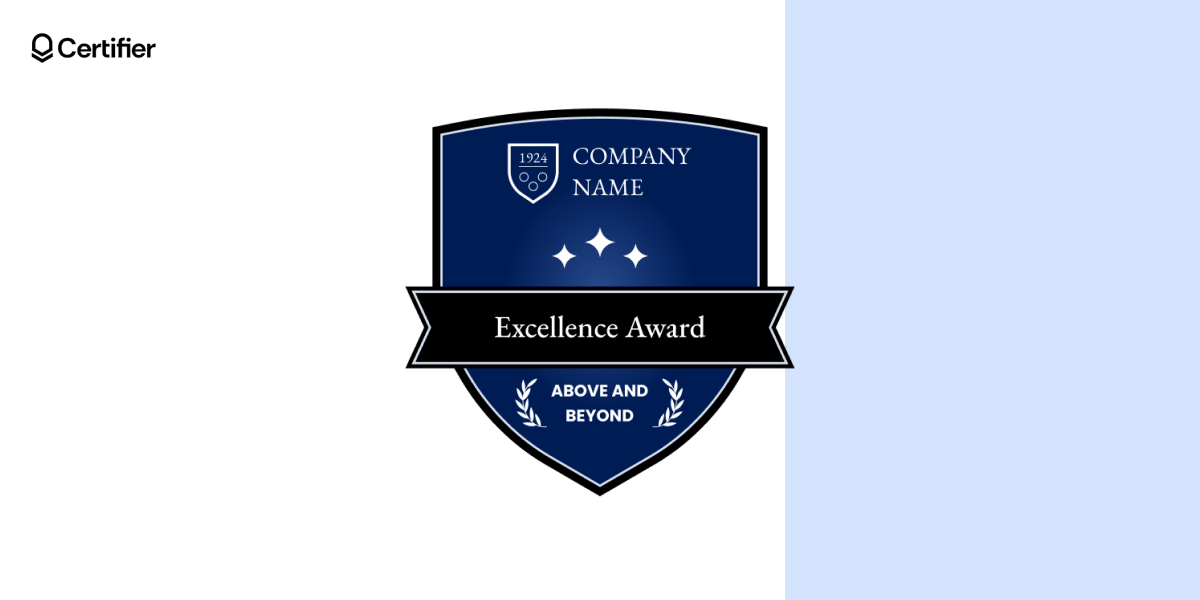 A blue shield-shaped employee recognition image labeled A blue shield-shaped employee recognition image labeled
