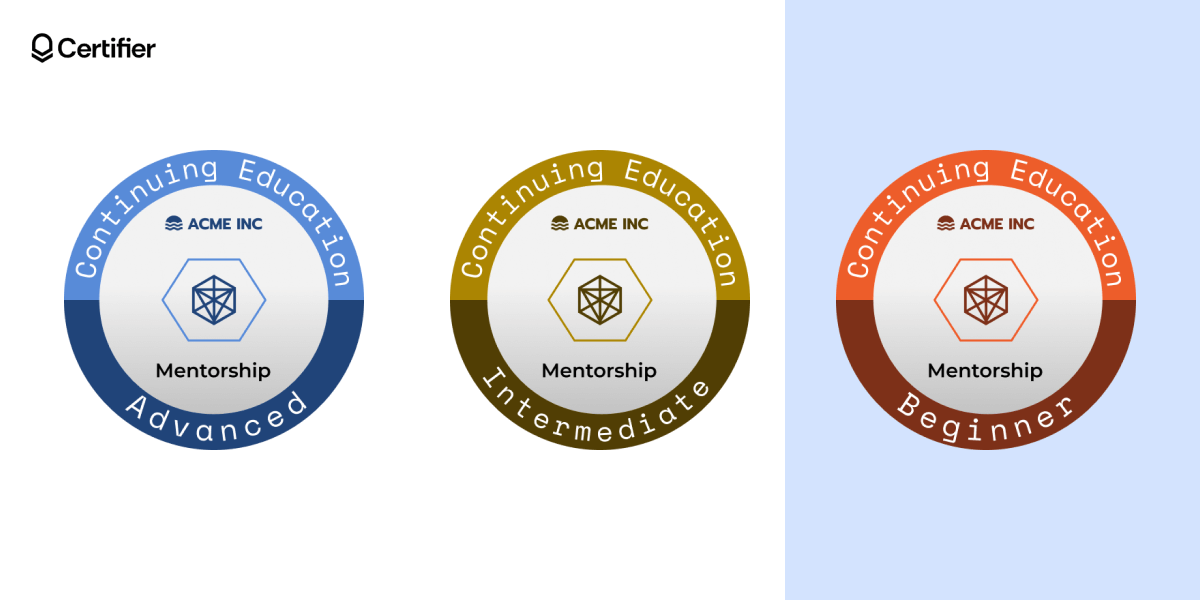 Three circular badges in blue, yellow, and red are ideal examples of digital badges for employees and employee engagement recognition badges for skill levels. Three circular badges in blue, yellow, and red are ideal examples of digital badges for employees and employee engagement recognition badges for skill levels.