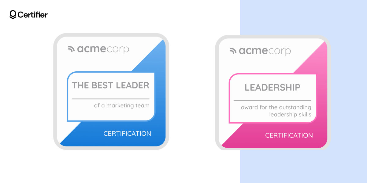 A pair of square badges, one in blue labeled A pair of square badges, one in blue labeled