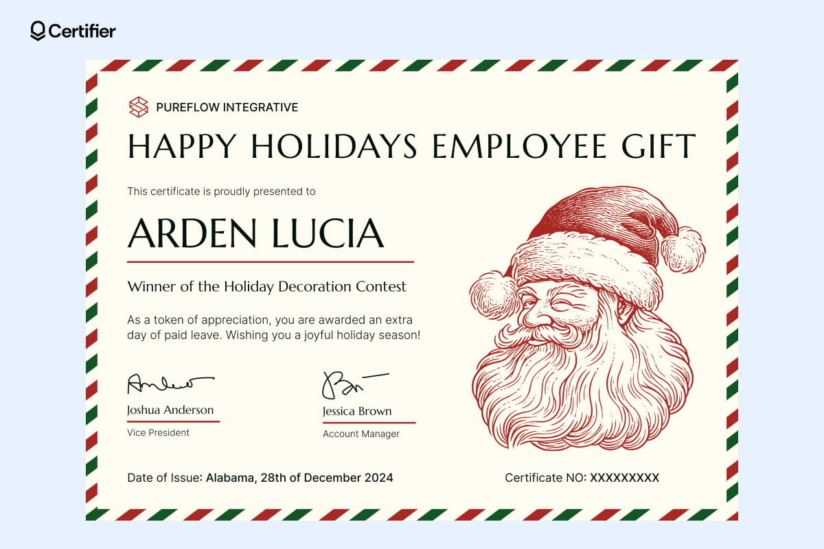 A festive Microsoft Word Christmas gift certificate template free, featuring a Santa illustration and holiday-themed border. A festive Microsoft Word Christmas gift certificate template free, featuring a Santa illustration and holiday-themed border.