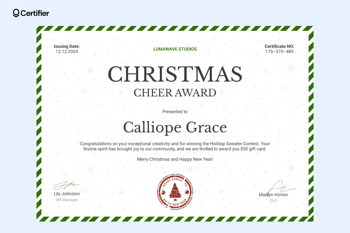 A beautifully designed Christmas gift certificate template free download Microsoft Word, awarded for a holiday sweater contest with a red stamp with a Christmas tree at the center. A beautifully designed Christmas gift certificate template free download Microsoft Word, awarded for a holiday sweater contest with a red stamp with a Christmas tree at the center.