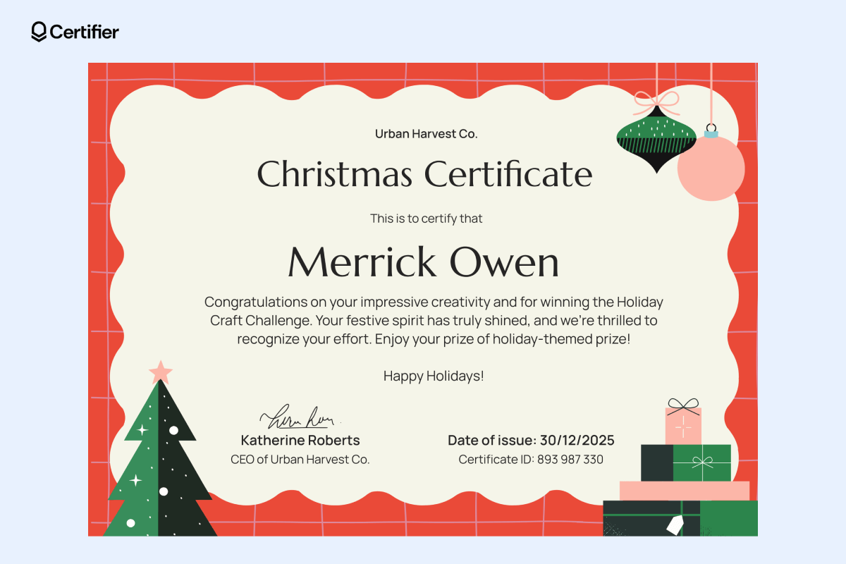 A vibrant Christmas certificate template with a bright red and white holiday theme, featuring gift illustrations, a Christmas tree, and issued as recognition for a holiday craft challenge with details of a holiday-themed prize. A vibrant Christmas certificate template with a bright red and white holiday theme, featuring gift illustrations, a Christmas tree, and issued as recognition for a holiday craft challenge with details of a holiday-themed prize.