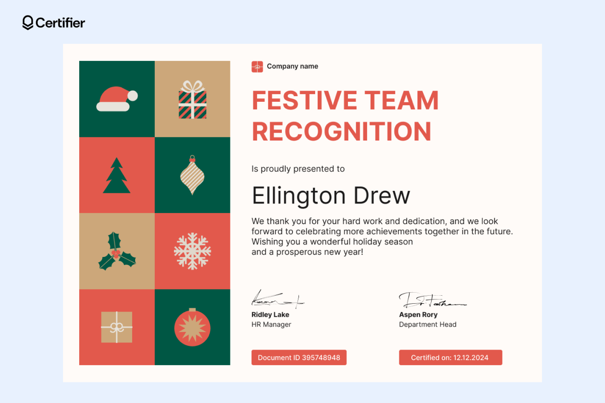 A sleek Christmas certificate template free download in a modern layout with festive icons such as a gift, Christmas tree, and holly, awarded for team recognition. A sleek Christmas certificate template free download in a modern layout with festive icons such as a gift, Christmas tree, and holly, awarded for team recognition.