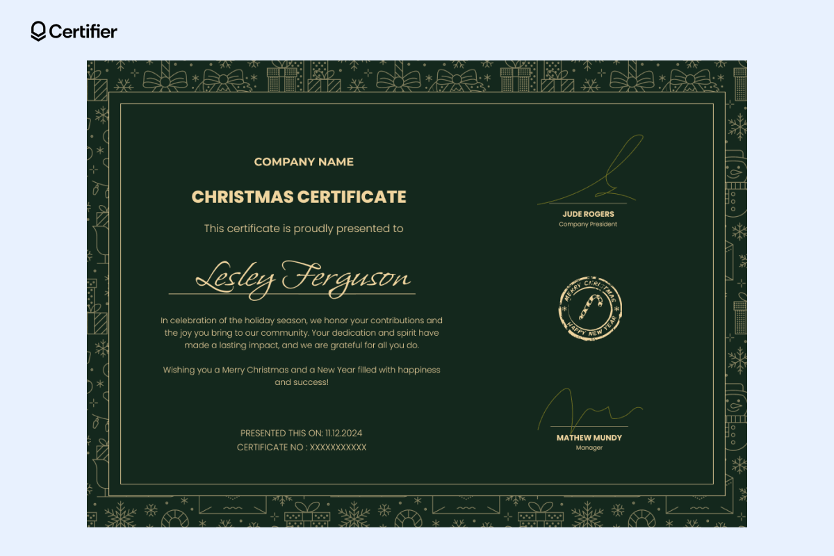 A luxurious Christmas certificate template free printable with a dark green background and golden accents, featuring a festive border of holiday icons like gifts and snowflakes. A luxurious Christmas certificate template free printable with a dark green background and golden accents, featuring a festive border of holiday icons like gifts and snowflakes.