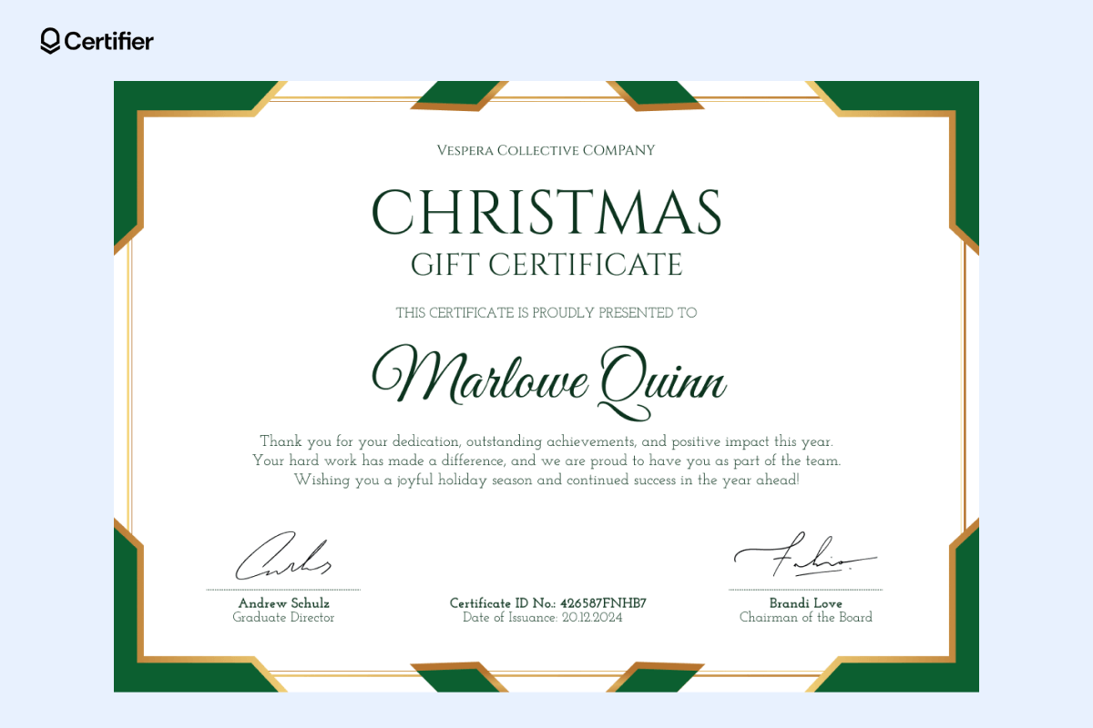 A professional Christmas gift certificate template Word with green and gold geometric borders. A professional Christmas gift certificate template Word with green and gold geometric borders.