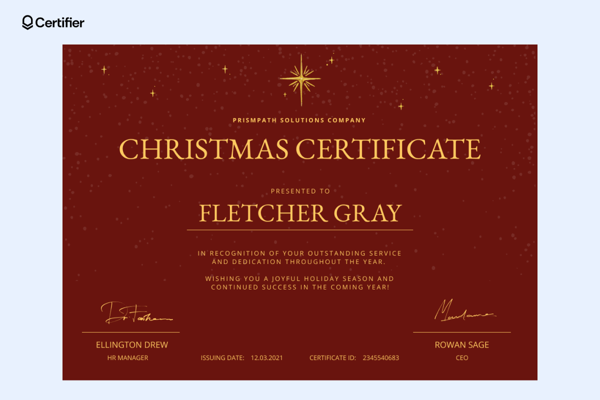 A festive free printable Christmas gift certificate template with a deep red background, golden text, and twinkling stars, signed by company executives. A festive free printable Christmas gift certificate template with a deep red background, golden text, and twinkling stars, signed by company executives.