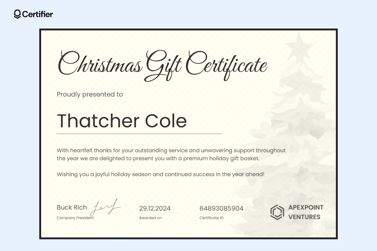 A minimalistic free gift certificate template Christmas with a subtle tree silhouette in soft gray tones, issued to acknowledge exceptional service with a premium holiday gift basket. A minimalistic free gift certificate template Christmas with a subtle tree silhouette in soft gray tones, issued to acknowledge exceptional service with a premium holiday gift basket.