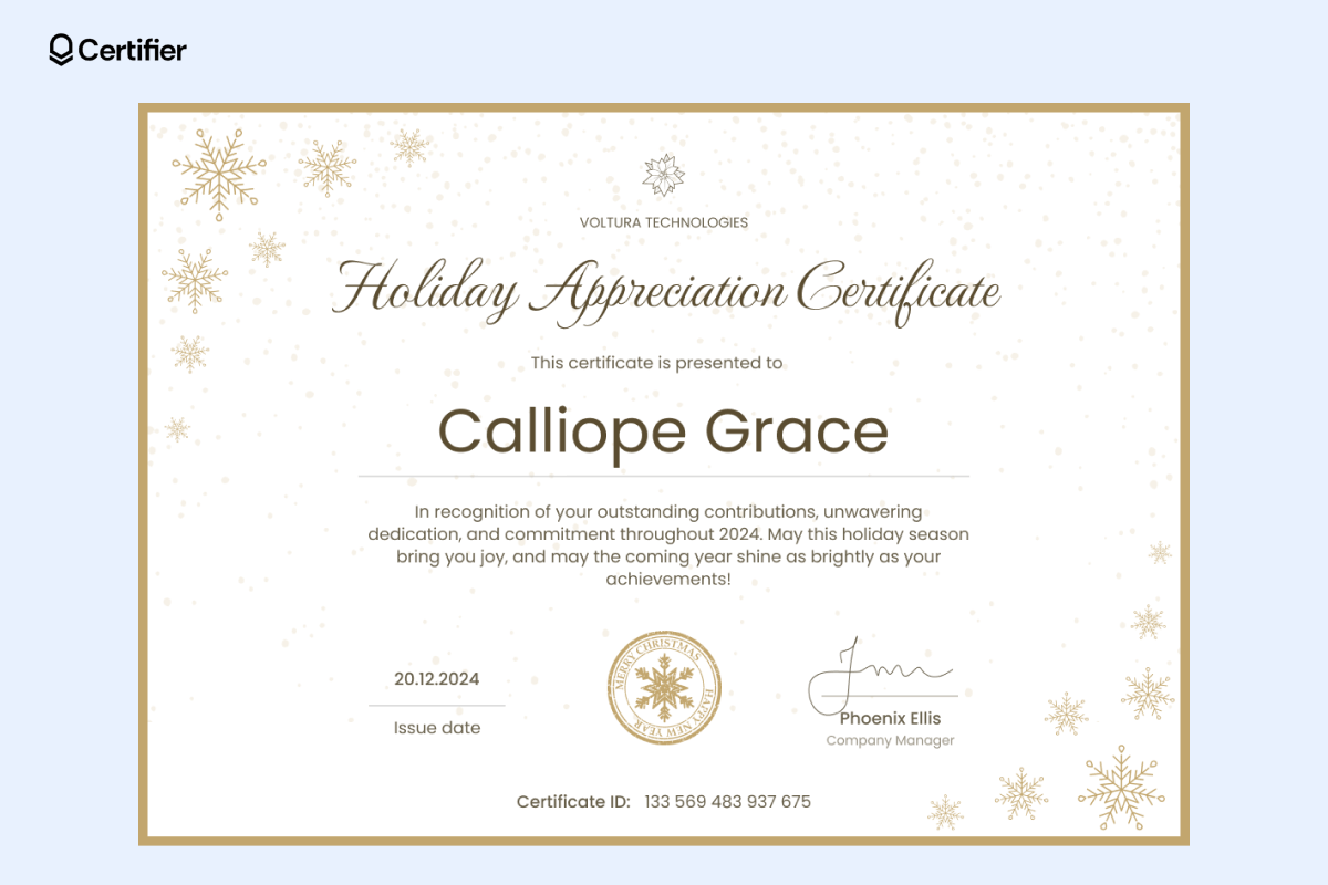 An elegant PDF Christmas gift certificate template free with gold snowflake patterns and delicate typography, recognizing outstanding contributions during the holiday season and signed by a company manager. An elegant PDF Christmas gift certificate template free with gold snowflake patterns and delicate typography, recognizing outstanding contributions during the holiday season and signed by a company manager.