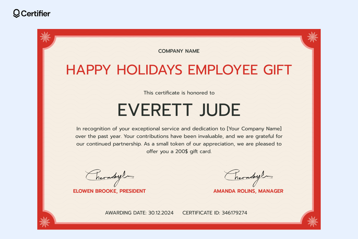 A vibrant free Christmas gift certificate template with a red border, featuring a festive theme and recognizing exceptional service with a $200 gift card, signed by company leaders. A vibrant free Christmas gift certificate template with a red border, featuring a festive theme and recognizing exceptional service with a $200 gift card, signed by company leaders.